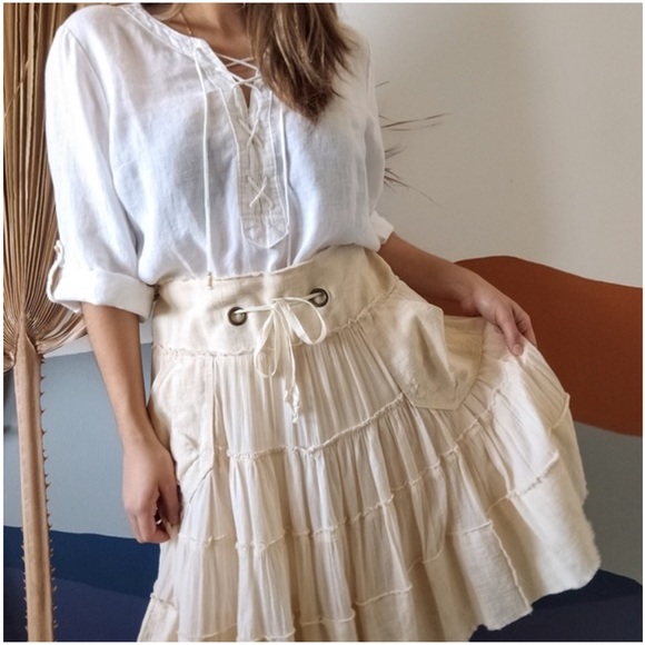 Vintage Free People Ramie cotton boho Flowy cream beige skirt Medium - Picture 2 of 11